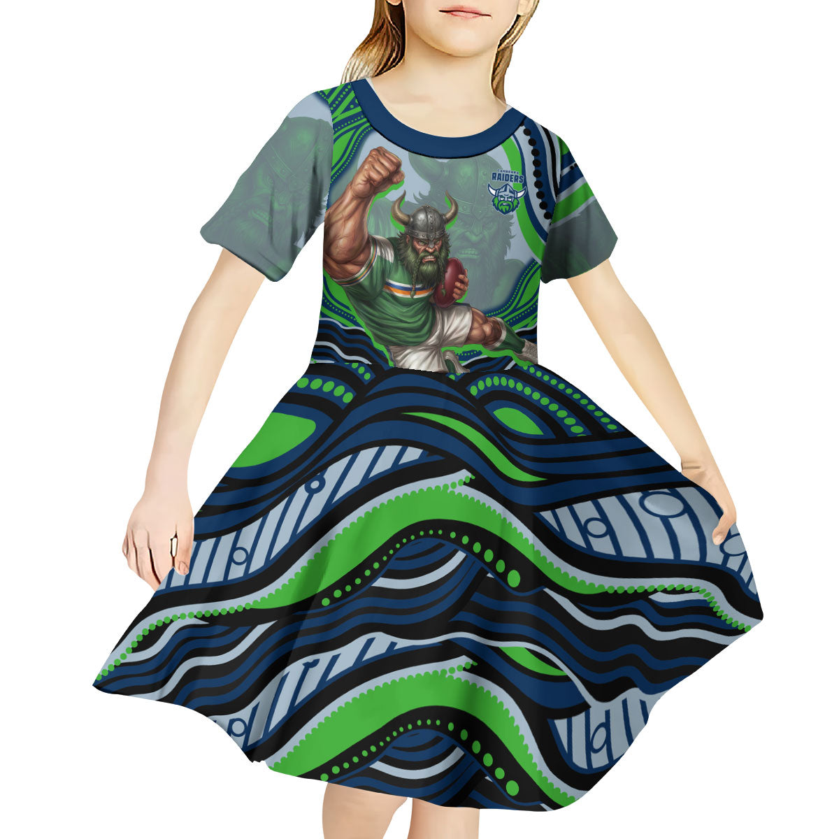 Personalized Canberra Raiders Kid Short Sleeve Dress Aboriginal Dot Art - Dreamtime Rugby Mascot