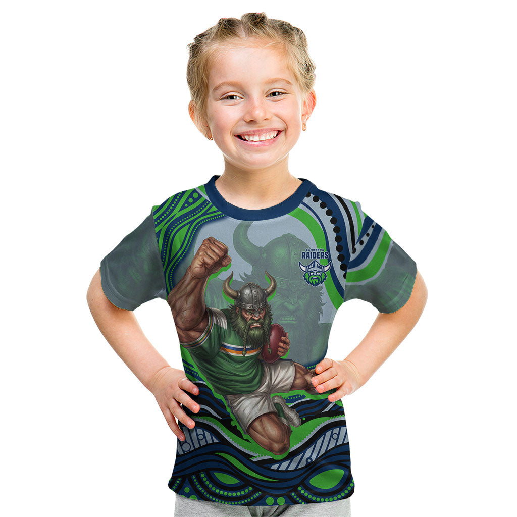 Personalized Canberra Raiders Kid T Shirt Aboriginal Dot Art - Dreamtime Rugby Mascot