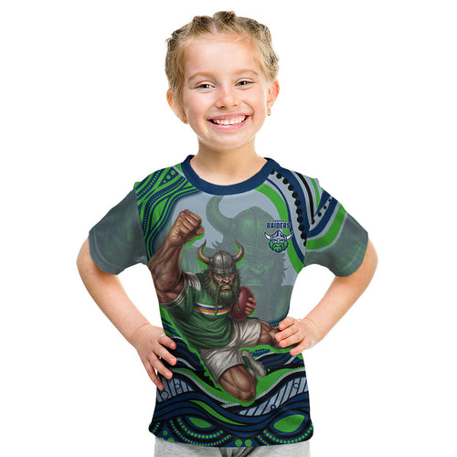 Personalized Canberra Raiders Kid T Shirt Aboriginal Dot Art - Dreamtime Rugby Mascot