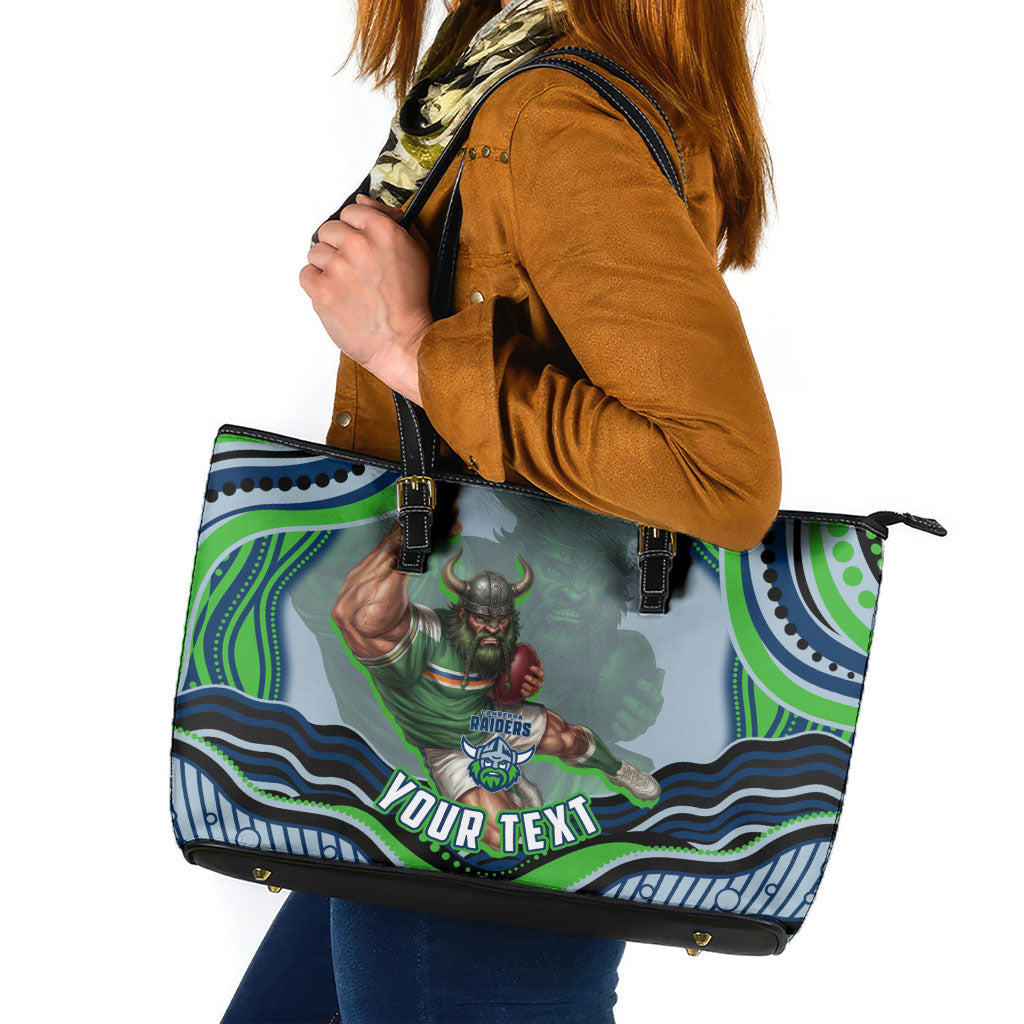 Personalized Canberra Raiders Leather Tote Bag Aboriginal Dot Art - Dreamtime Rugby Mascot