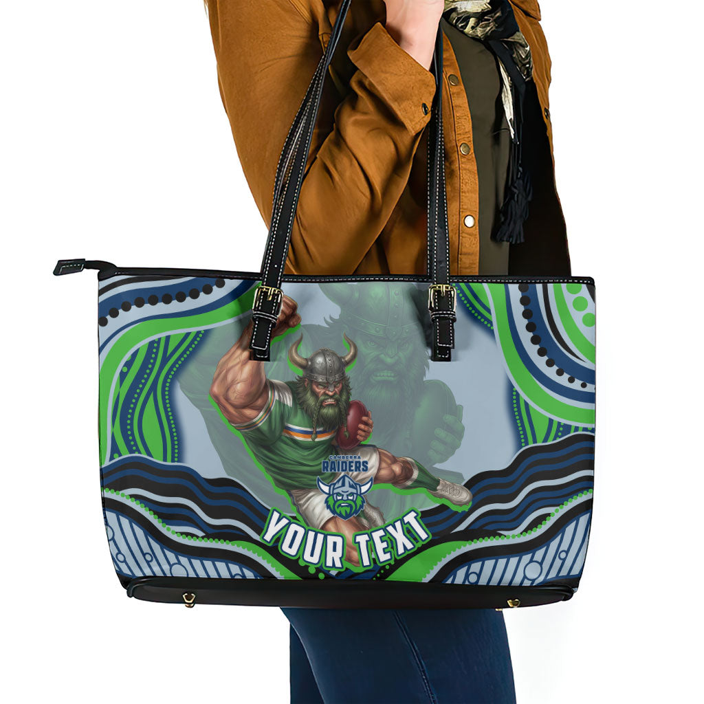 Personalized Canberra Raiders Leather Tote Bag Aboriginal Dot Art - Dreamtime Rugby Mascot