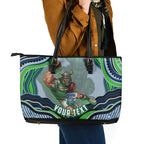 Personalized Canberra Raiders Leather Tote Bag Aboriginal Dot Art - Dreamtime Rugby Mascot