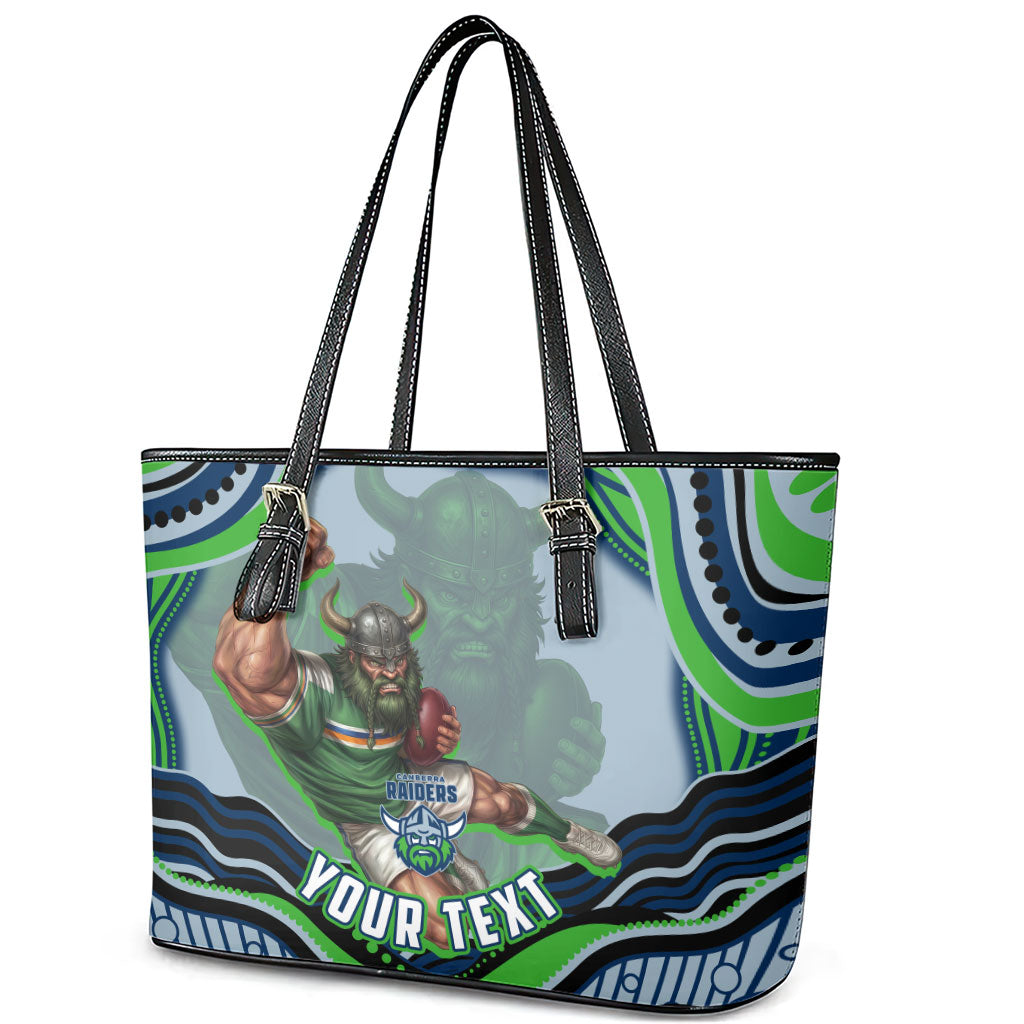Personalized Canberra Raiders Leather Tote Bag Aboriginal Dot Art - Dreamtime Rugby Mascot