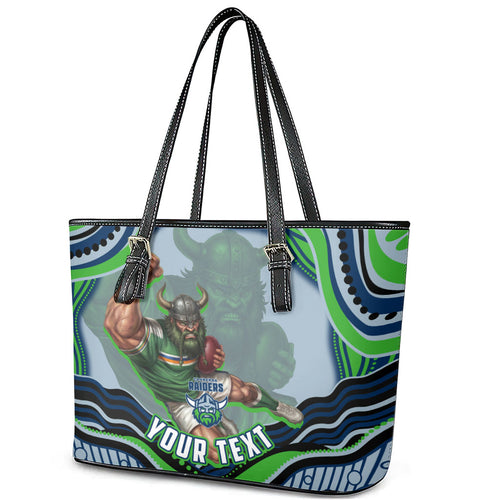 Personalized Canberra Raiders Leather Tote Bag Aboriginal Dot Art - Dreamtime Rugby Mascot