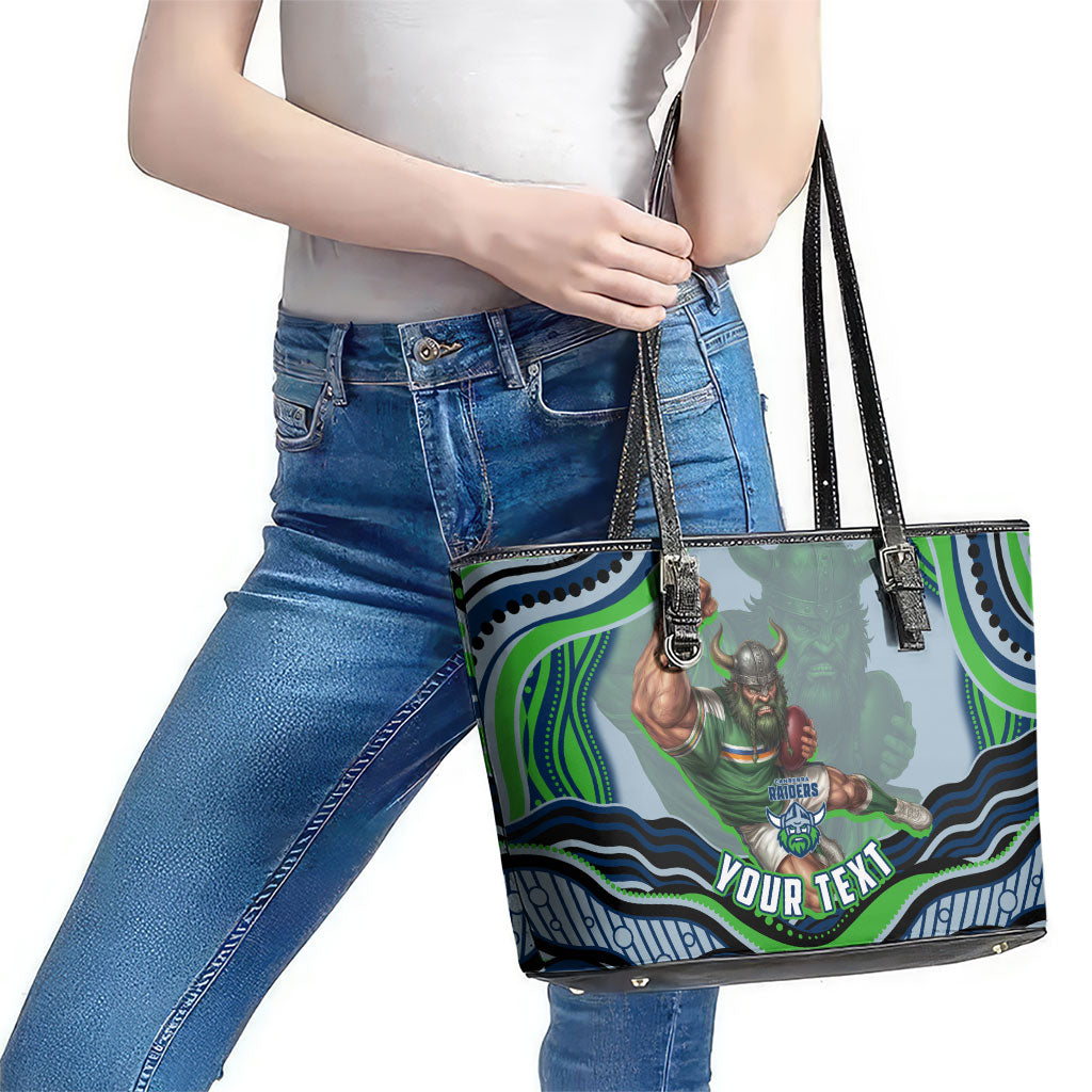 Personalized Canberra Raiders Leather Tote Bag Aboriginal Dot Art - Dreamtime Rugby Mascot