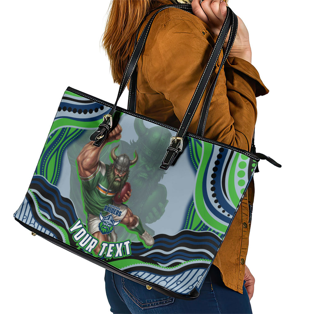 Personalized Canberra Raiders Leather Tote Bag Aboriginal Dot Art - Dreamtime Rugby Mascot