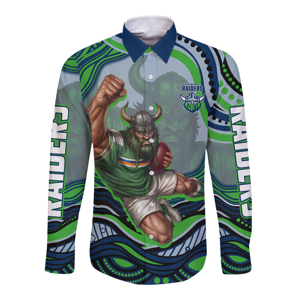 Personalized Canberra Raiders Long Sleeve Button Shirt Aboriginal Dot Art - Dreamtime Rugby Mascot