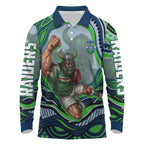 Personalized Canberra Raiders Long Sleeve Polo Shirt Aboriginal Dot Art - Dreamtime Rugby Mascot