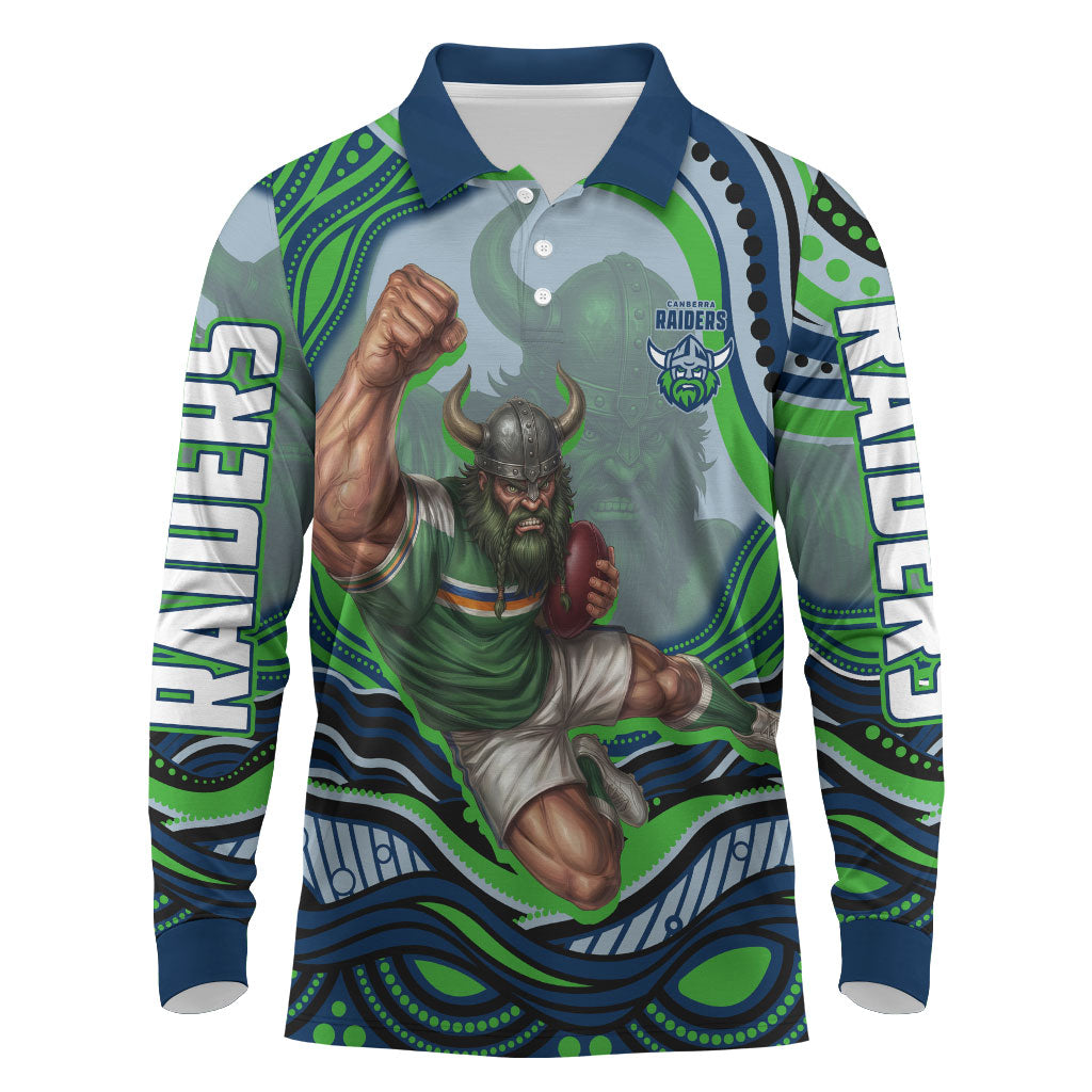 Personalized Canberra Raiders Long Sleeve Polo Shirt Aboriginal Dot Art - Dreamtime Rugby Mascot