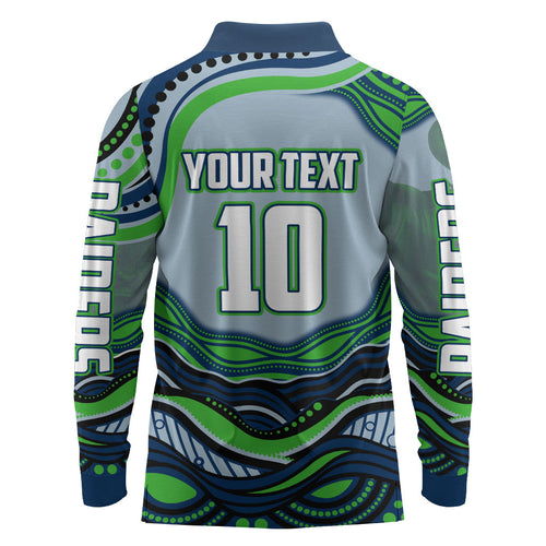 Personalized Canberra Raiders Long Sleeve Polo Shirt Aboriginal Dot Art - Dreamtime Rugby Mascot
