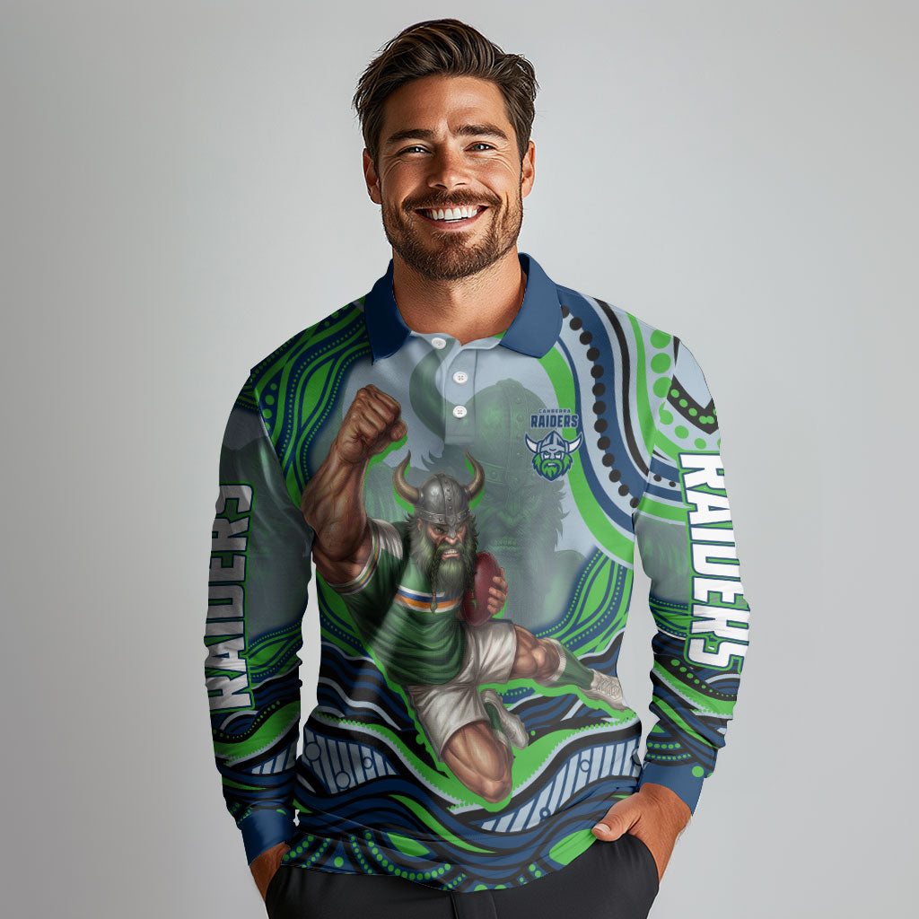 Personalized Canberra Raiders Long Sleeve Polo Shirt Aboriginal Dot Art - Dreamtime Rugby Mascot
