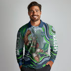 Personalized Canberra Raiders Long Sleeve Polo Shirt Aboriginal Dot Art - Dreamtime Rugby Mascot