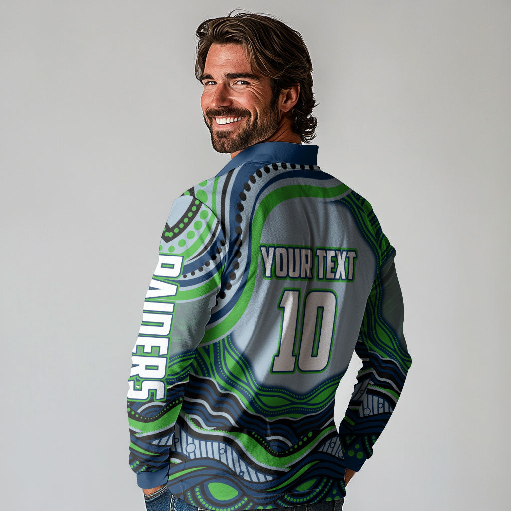 Personalized Canberra Raiders Long Sleeve Polo Shirt Aboriginal Dot Art - Dreamtime Rugby Mascot