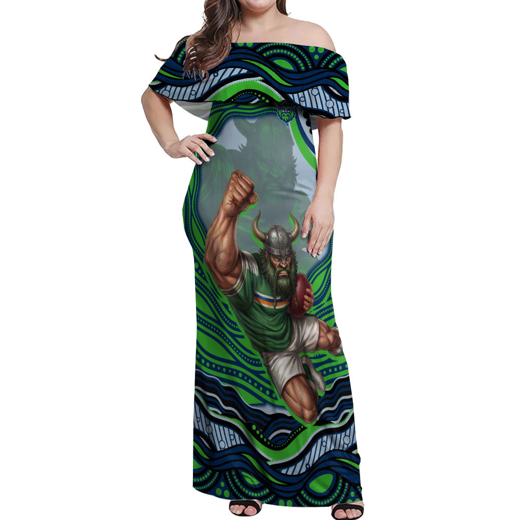 Personalized Canberra Raiders Off Shoulder Maxi Dress Aboriginal Dot Art - Dreamtime Rugby Mascot