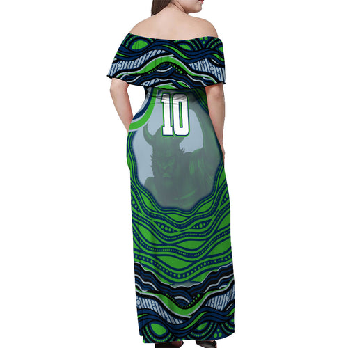 Personalized Canberra Raiders Off Shoulder Maxi Dress Aboriginal Dot Art - Dreamtime Rugby Mascot