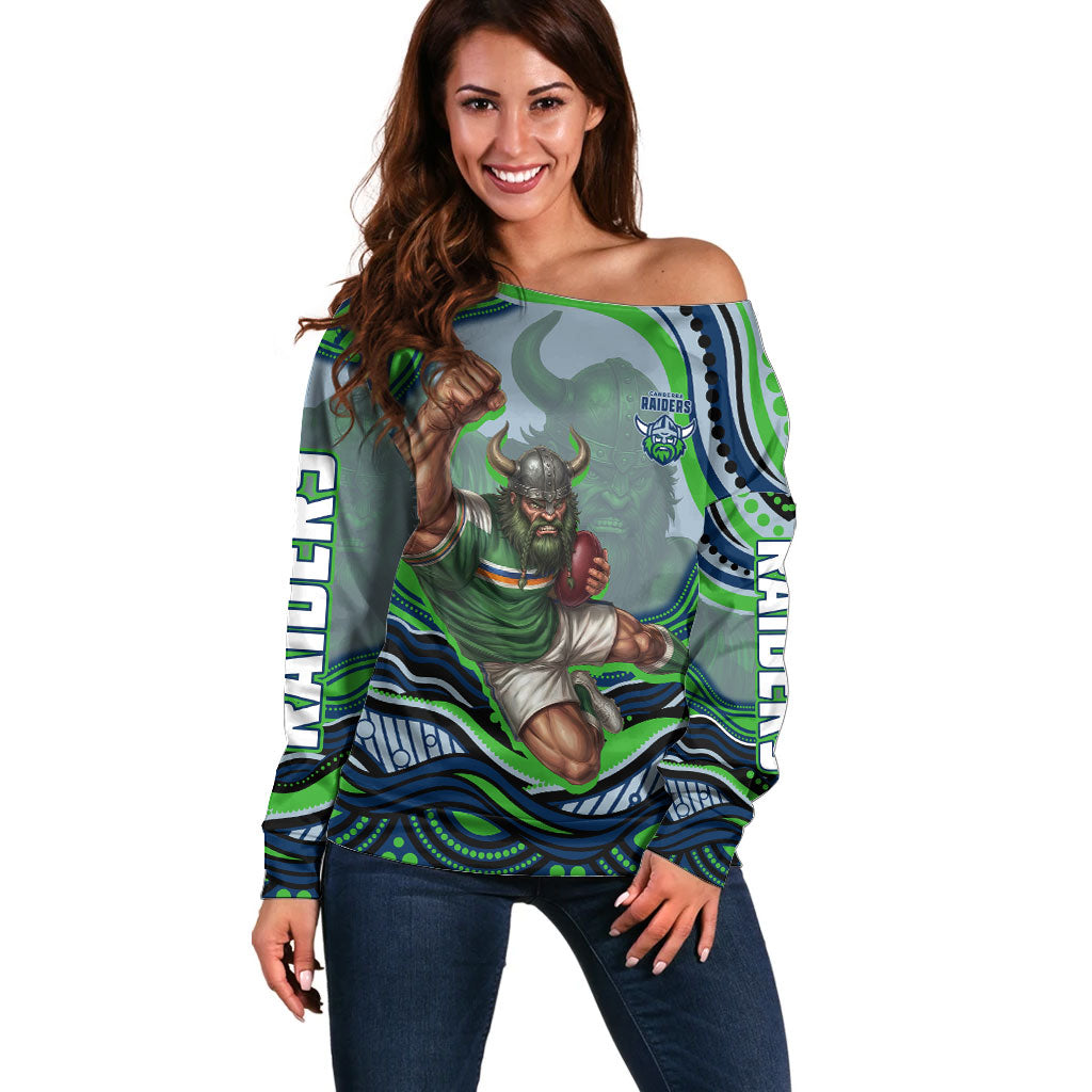 Personalized Canberra Raiders Off Shoulder Sweater Aboriginal Dot Art - Dreamtime Rugby Mascot