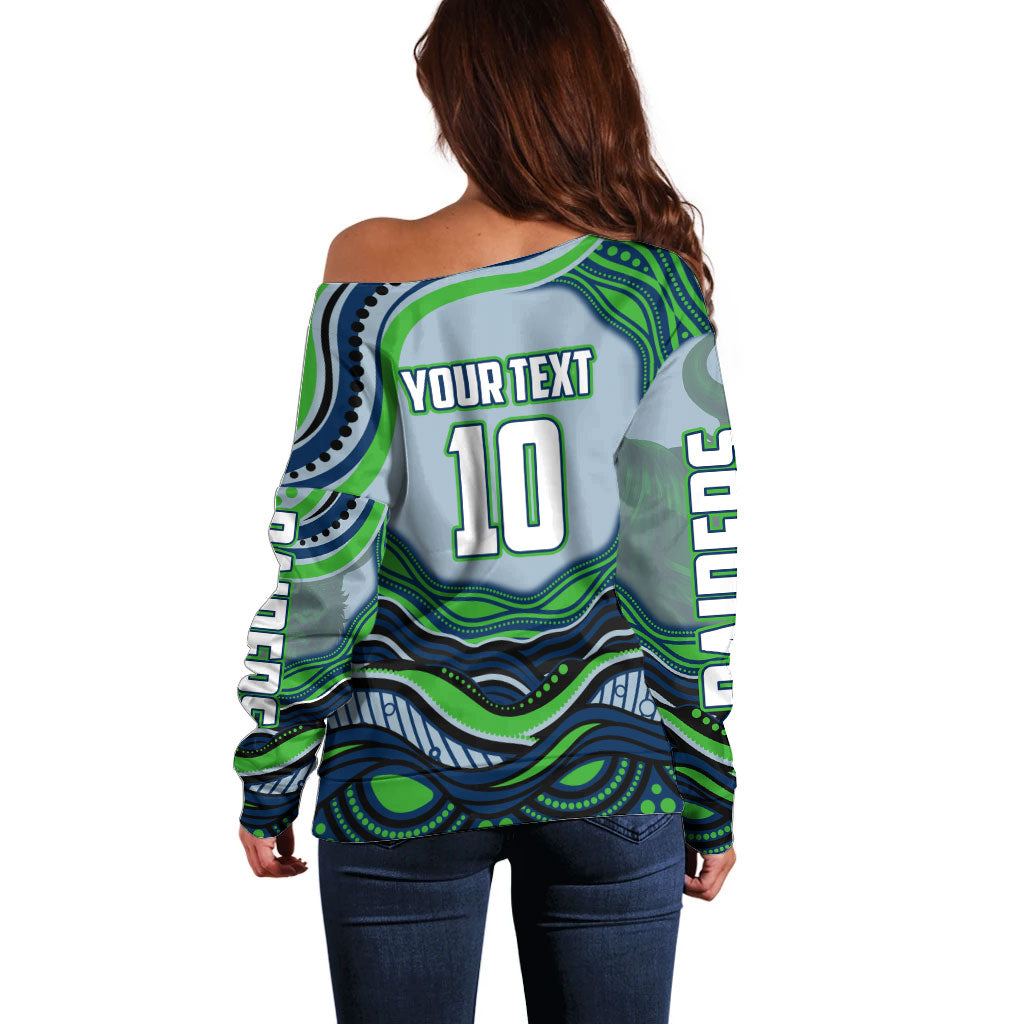 Personalized Canberra Raiders Off Shoulder Sweater Aboriginal Dot Art - Dreamtime Rugby Mascot