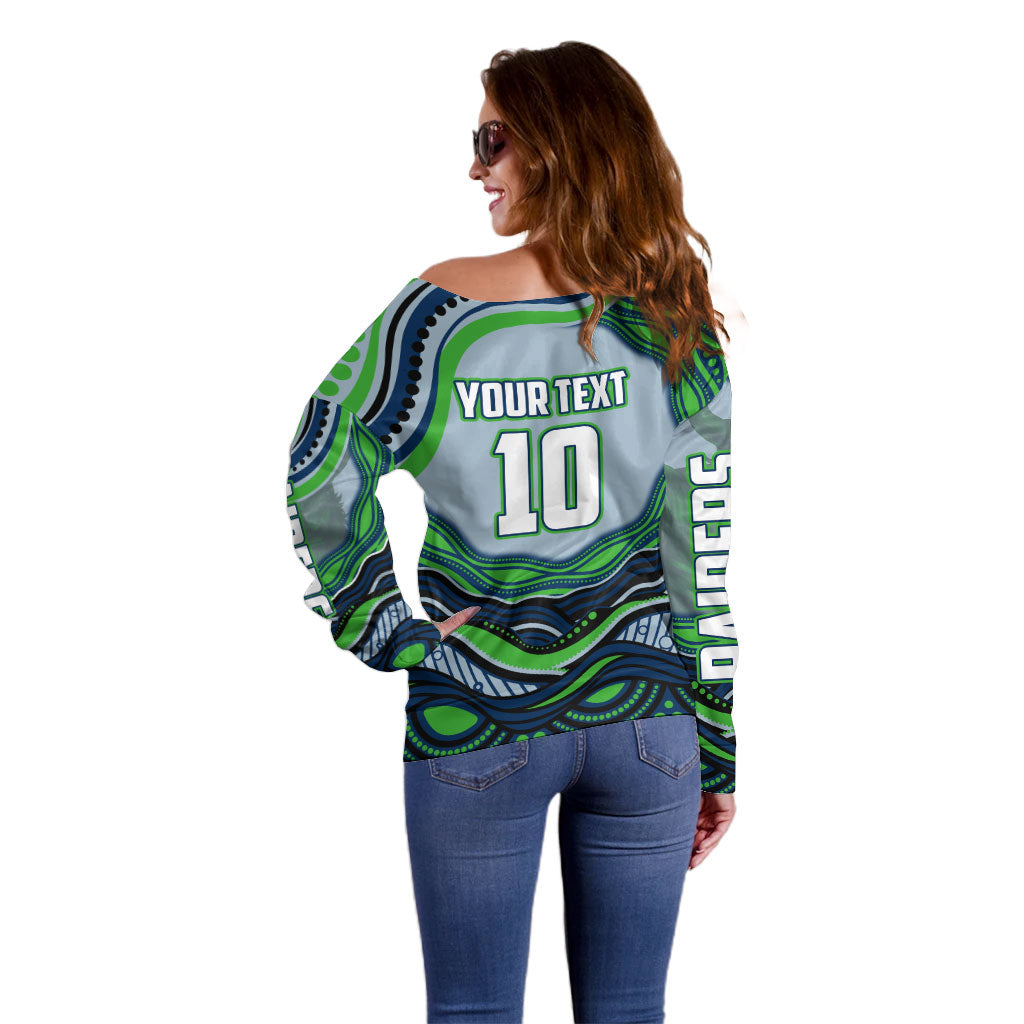Personalized Canberra Raiders Off Shoulder Sweater Aboriginal Dot Art - Dreamtime Rugby Mascot