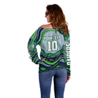 Personalized Canberra Raiders Off Shoulder Sweater Aboriginal Dot Art - Dreamtime Rugby Mascot