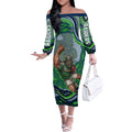 Personalized Canberra Raiders Off The Shoulder Long Sleeve Dress Aboriginal Dot Art - Dreamtime Rugby Mascot