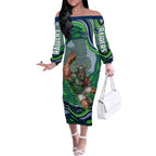 Personalized Canberra Raiders Off The Shoulder Long Sleeve Dress Aboriginal Dot Art - Dreamtime Rugby Mascot