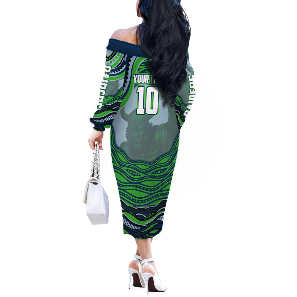 Personalized Canberra Raiders Off The Shoulder Long Sleeve Dress Aboriginal Dot Art - Dreamtime Rugby Mascot