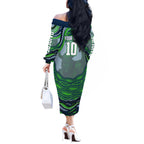 Personalized Canberra Raiders Off The Shoulder Long Sleeve Dress Aboriginal Dot Art - Dreamtime Rugby Mascot