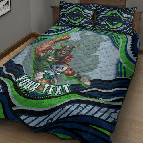 Personalized Canberra Raiders Quilt Bed Set Aboriginal Dot Art - Dreamtime Rugby Mascot