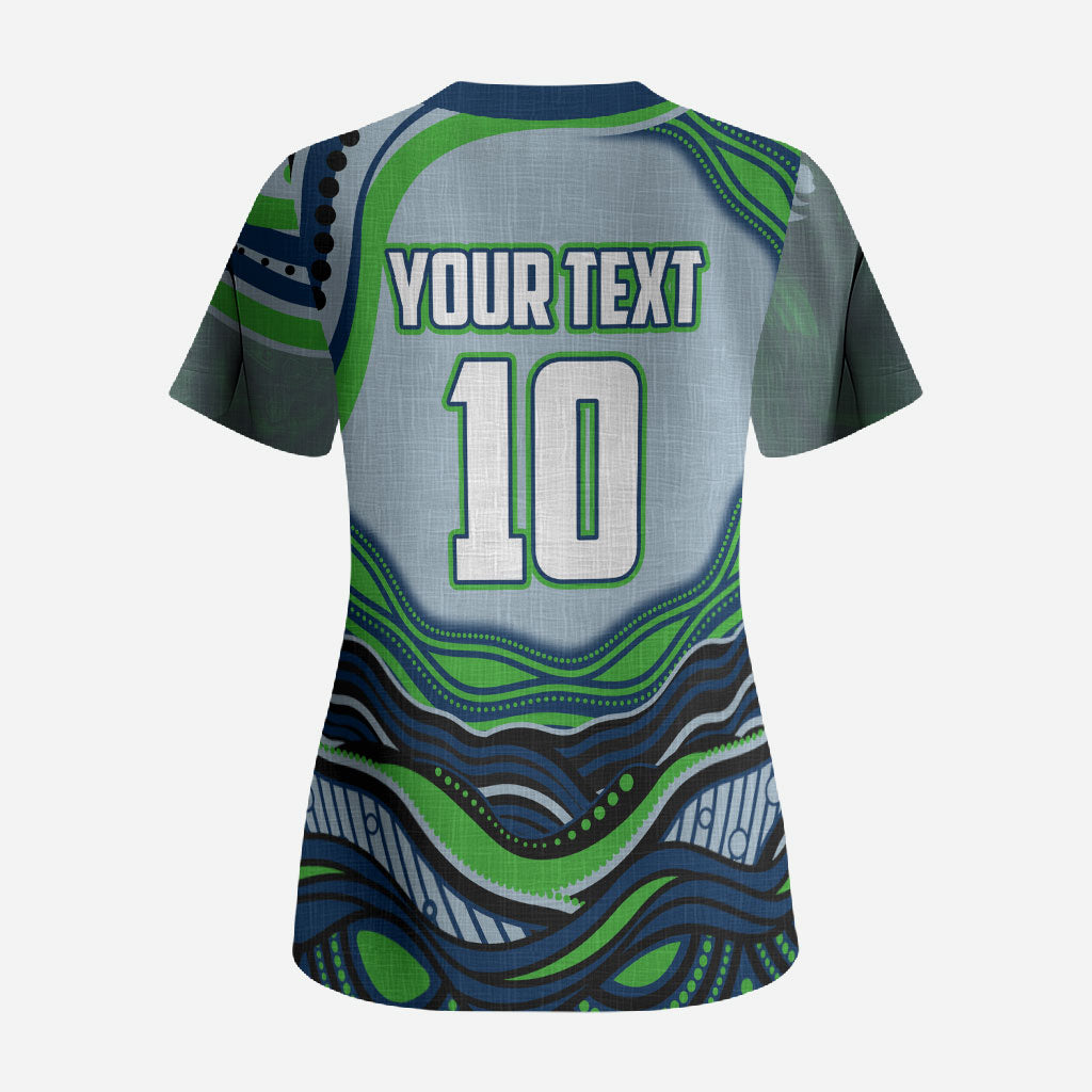 Personalized Canberra Raiders Scrub Top Aboriginal Dot Art - Dreamtime Rugby Mascot