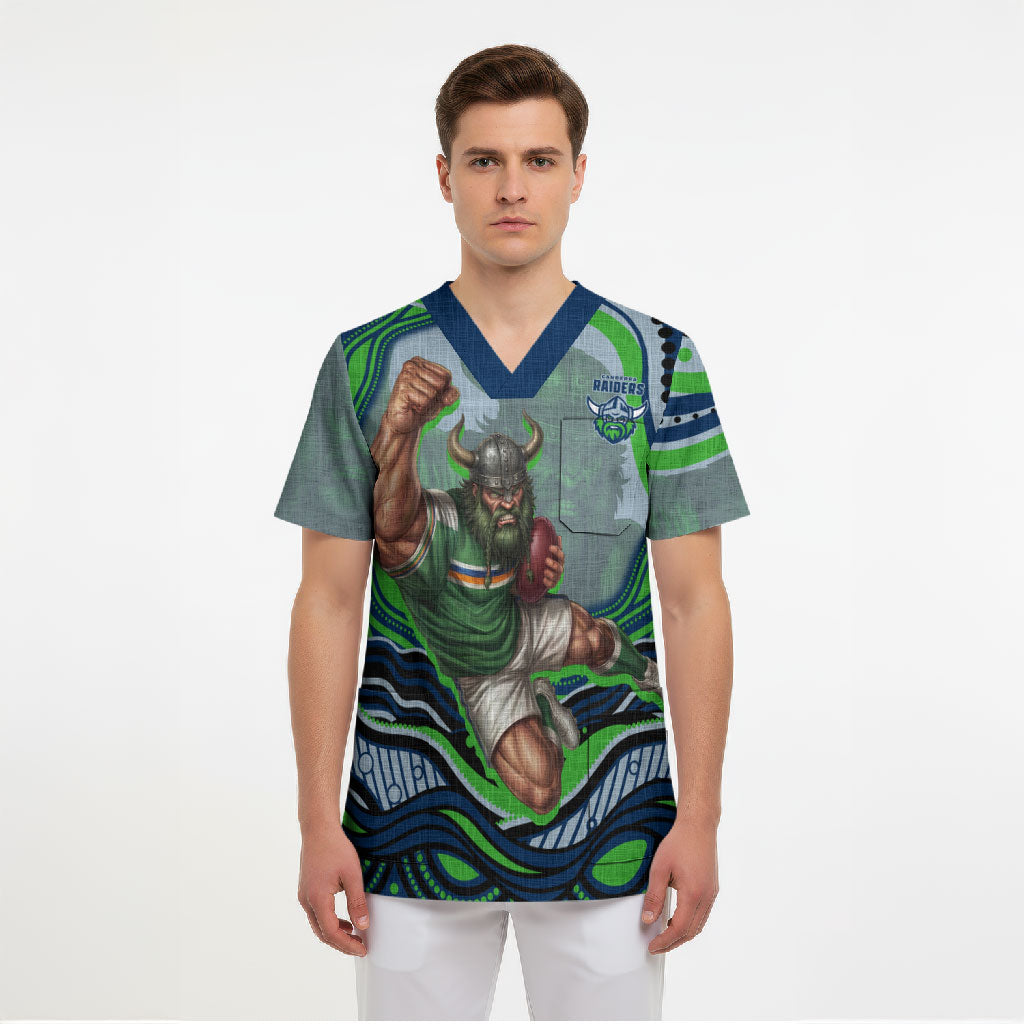 Personalized Canberra Raiders Scrub Top Aboriginal Dot Art - Dreamtime Rugby Mascot