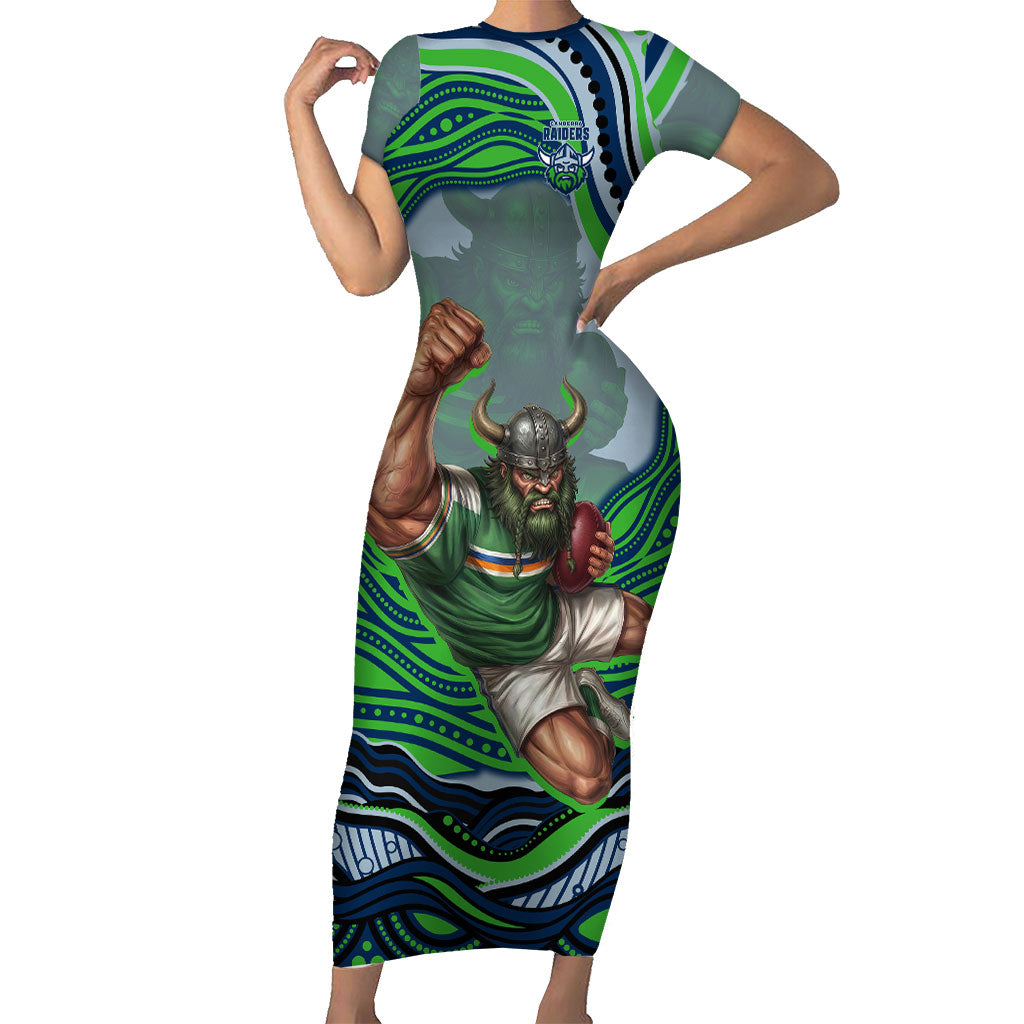 Personalized Canberra Raiders Short Sleeve Bodycon Dress Aboriginal Dot Art - Dreamtime Rugby Mascot