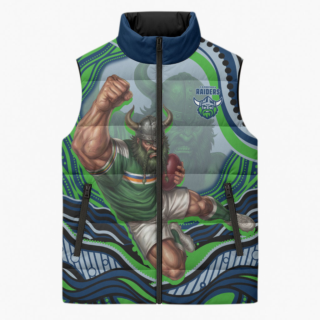Personalized Canberra Raiders Sleeveless Puffer Jacket Aboriginal Dot Art - Dreamtime Rugby Mascot