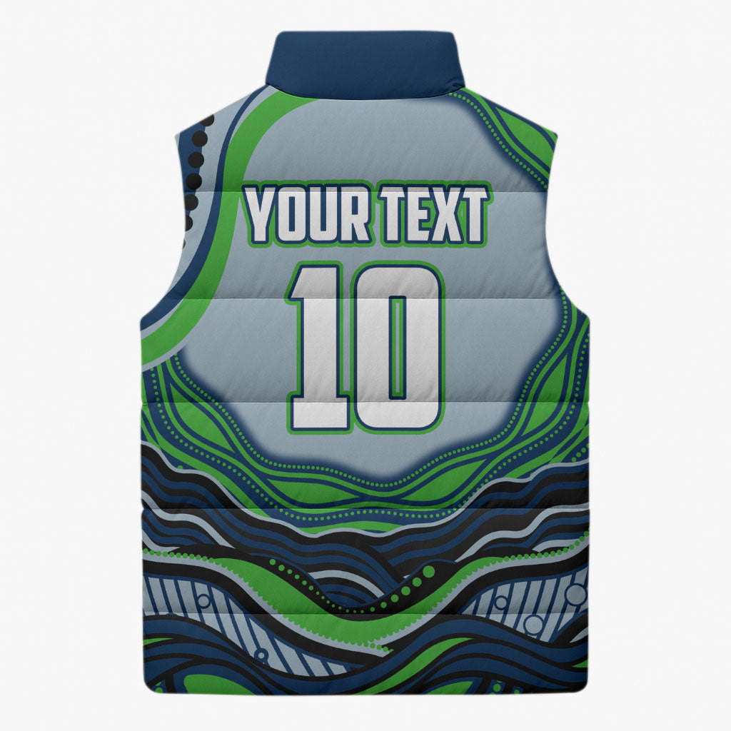 Personalized Canberra Raiders Sleeveless Puffer Jacket Aboriginal Dot Art - Dreamtime Rugby Mascot