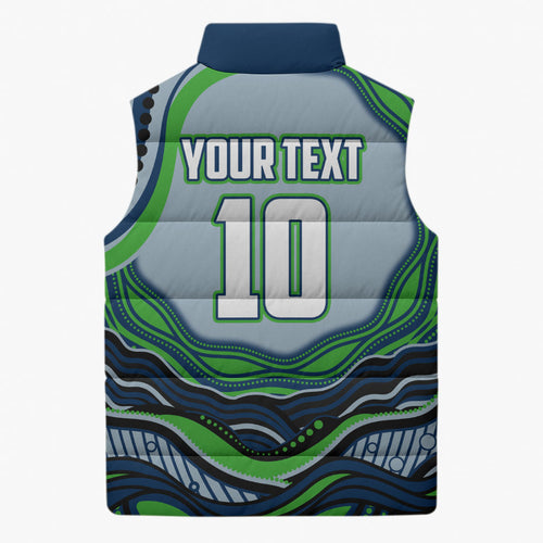 Personalized Canberra Raiders Sleeveless Puffer Jacket Aboriginal Dot Art - Dreamtime Rugby Mascot