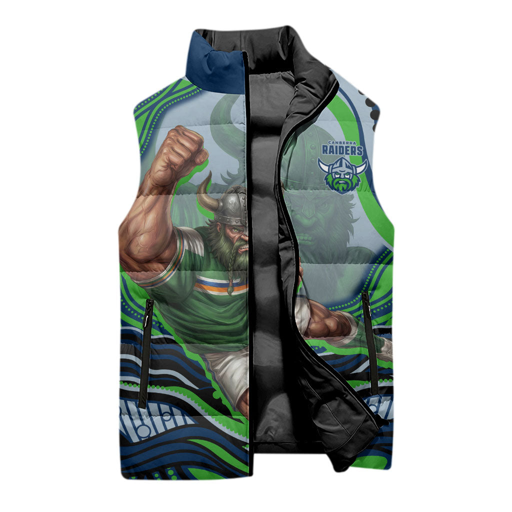 Personalized Canberra Raiders Sleeveless Puffer Jacket Aboriginal Dot Art - Dreamtime Rugby Mascot