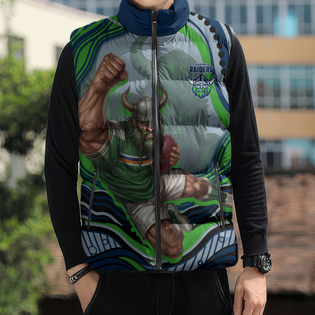 Personalized Canberra Raiders Sleeveless Puffer Jacket Aboriginal Dot Art - Dreamtime Rugby Mascot