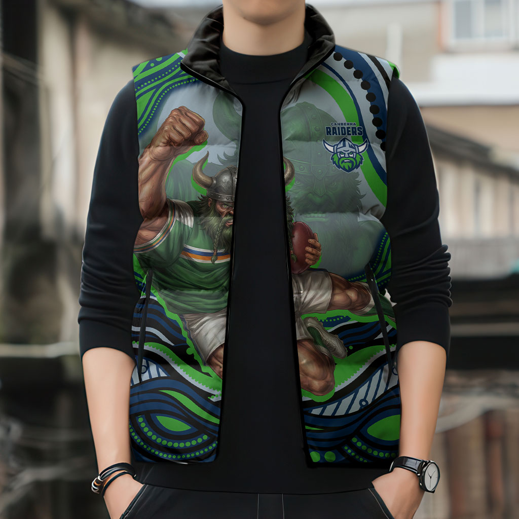 Personalized Canberra Raiders Sleeveless Puffer Jacket Aboriginal Dot Art - Dreamtime Rugby Mascot