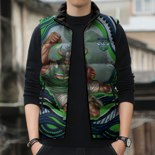Personalized Canberra Raiders Sleeveless Puffer Jacket Aboriginal Dot Art - Dreamtime Rugby Mascot