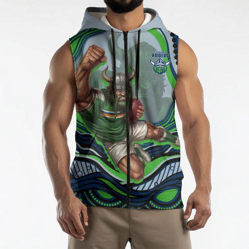Personalized Canberra Raiders Sleeveless Zip Hoodie Aboriginal Dot Art - Dreamtime Rugby Mascot