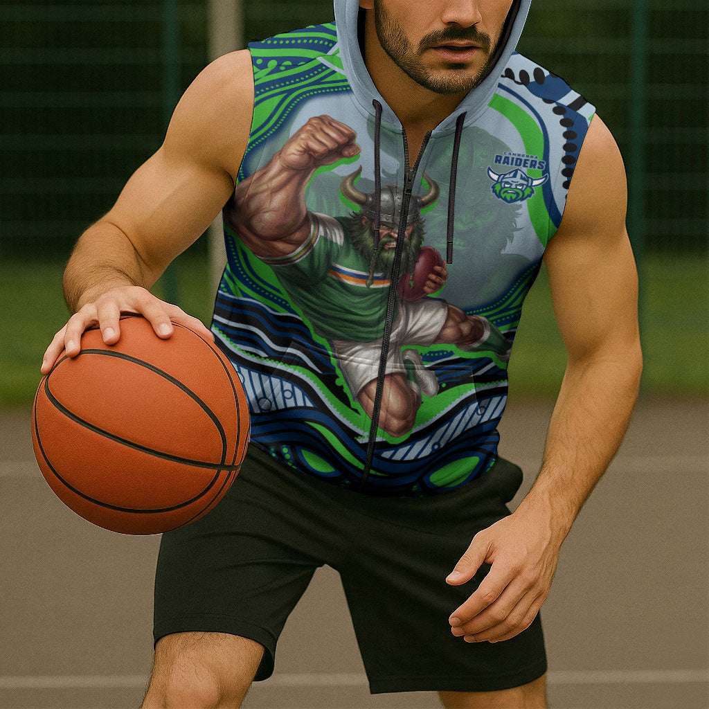 Personalized Canberra Raiders Sleeveless Zip Hoodie Aboriginal Dot Art - Dreamtime Rugby Mascot