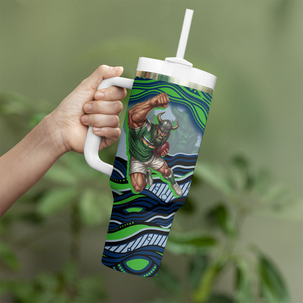Personalized Canberra Raiders Tumbler With Handle Aboriginal Dot Art - Dreamtime Rugby Mascot
