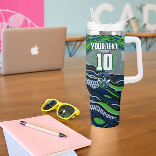 Personalized Canberra Raiders Tumbler With Handle Aboriginal Dot Art - Dreamtime Rugby Mascot