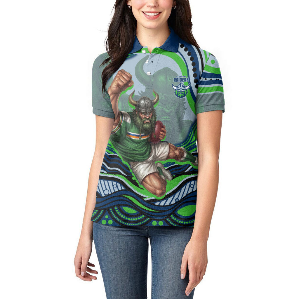Personalized Canberra Raiders Women Polo Shirt Aboriginal Dot Art - Dreamtime Rugby Mascot