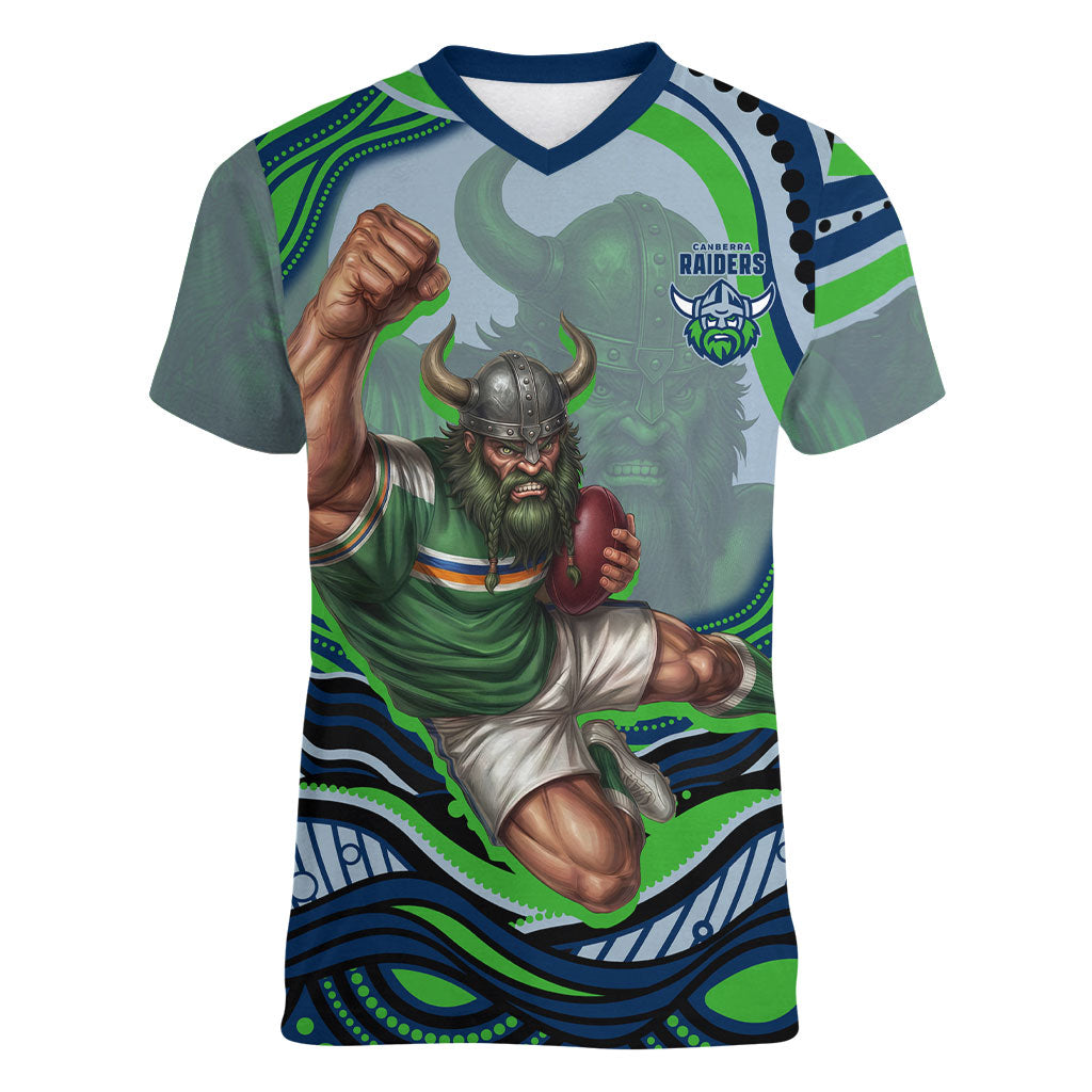 Personalized Canberra Raiders Women V-Neck T-Shirt Aboriginal Dot Art - Dreamtime Rugby Mascot