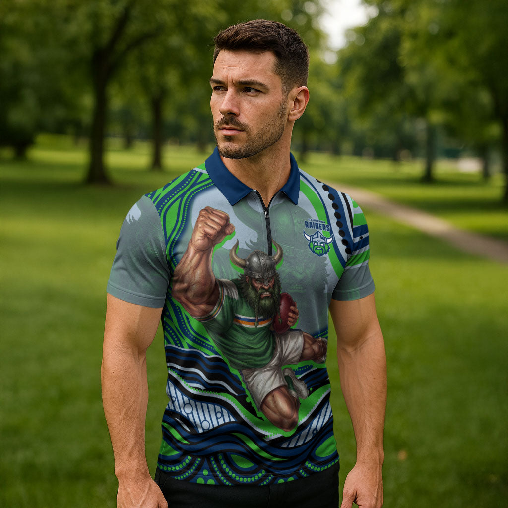 Personalized Canberra Raiders Zipper Polo Shirt Aboriginal Dot Art - Dreamtime Rugby Mascot