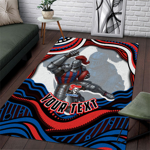 Personalized Newcastle Knights Area Rug Aboriginal Dot Art - Dreamtime Rugby Mascot