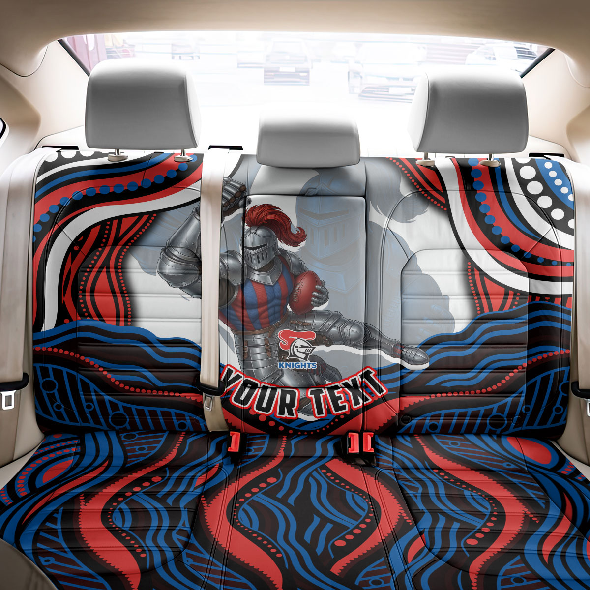 Personalized Newcastle Knights Back Car Seat Cover Aboriginal Dot Art - Dreamtime Rugby Mascot