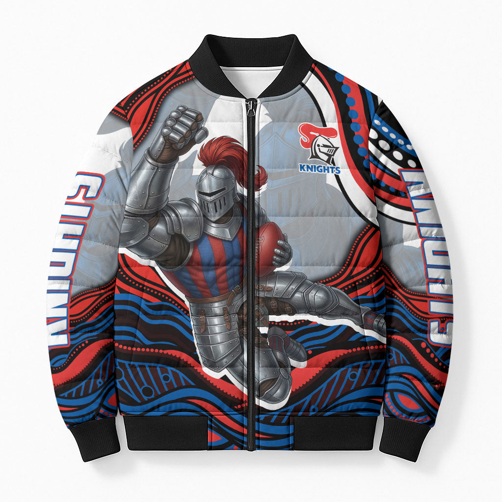 Personalized Newcastle Knights Bomber Puffer Jacket Aboriginal Dot Art - Dreamtime Rugby Mascot