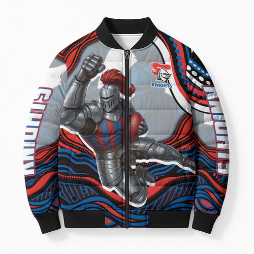 Personalized Newcastle Knights Bomber Puffer Jacket Aboriginal Dot Art - Dreamtime Rugby Mascot