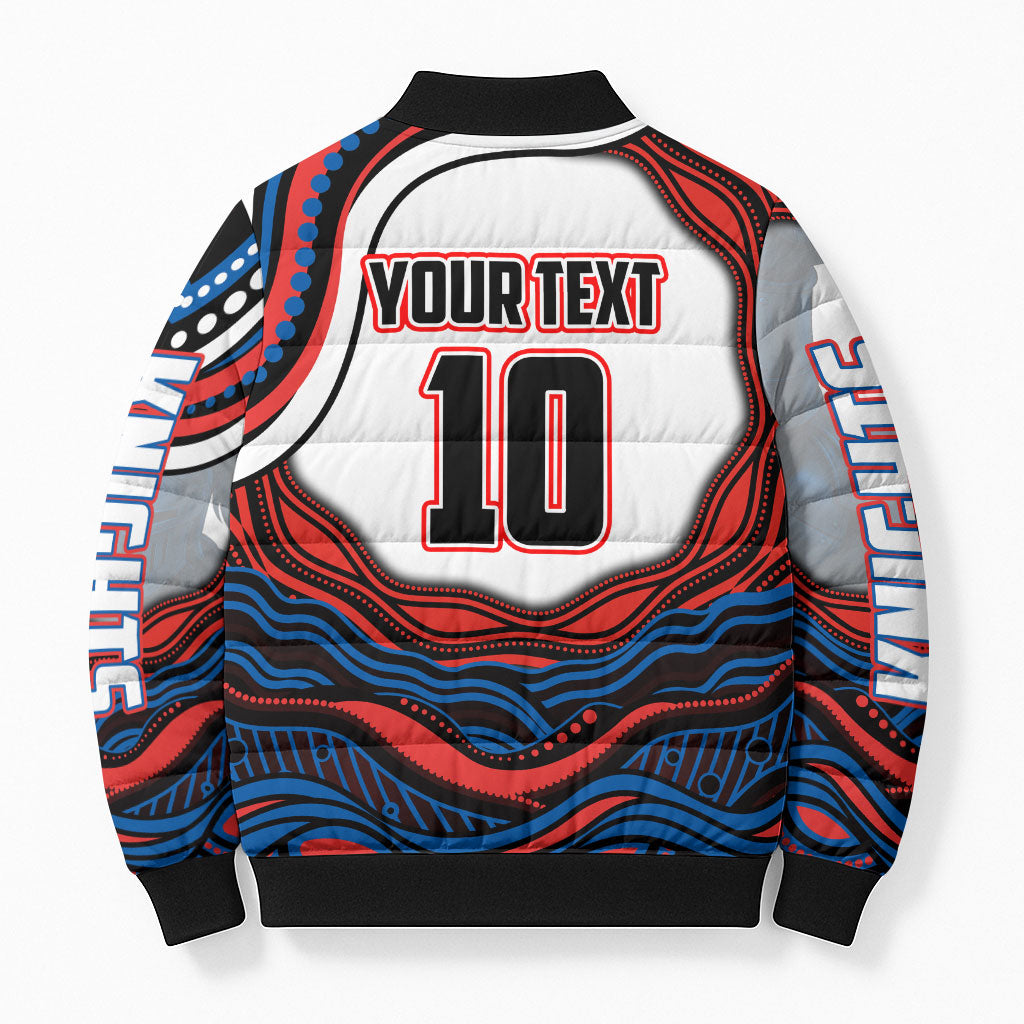 Personalized Newcastle Knights Bomber Puffer Jacket Aboriginal Dot Art - Dreamtime Rugby Mascot